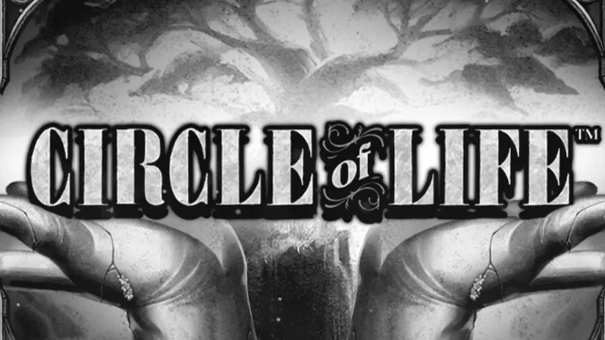 Tampilan visual slot Circle of Life dengan estetika monokrom dan pohon kehidupan.