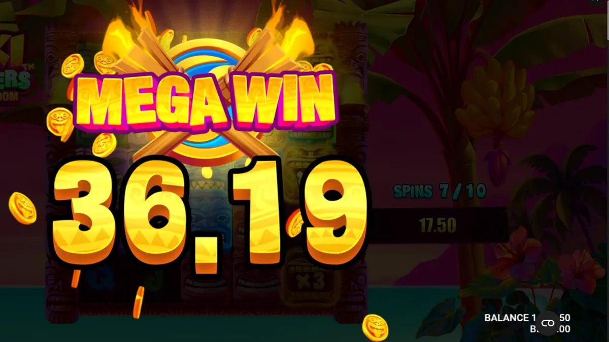 Tiki Clusters Blaze & Boom slot grid dengan simbol topeng tiki yang berwarna-warni