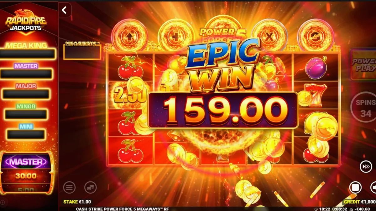 Tampilan visual retro dari slot Cash Strike Power Force 5 Megaways dengan simbol buah klasik.